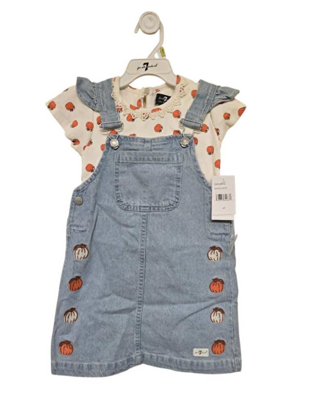 7 For All Mankind Girl's Fall Embroidered Pumpkin Denim Overall Dress + Shirt 4T